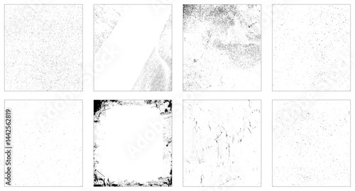 Grunge textures set. Collection of vector overlay, distress, textures. collection of eight square black and white grunge textures. 
