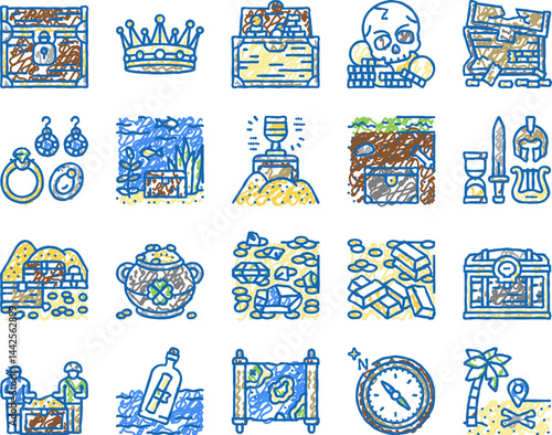 Treasure Golden Jewels In Chest Icons hand drawn