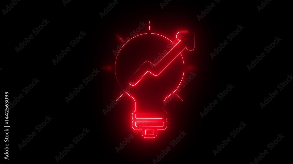 Red color Bulb icon animation arrow Energy idea. Electric neon bulb icon and on black background. Red color Bulb icon animation arrow Energy idea. Electric neon bulb icon and on black background.