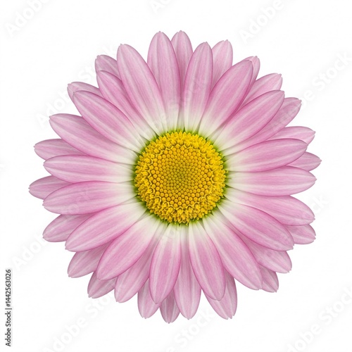 Pink and white daisy with a yellow center, isolated on a white background