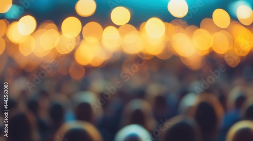 A large crowd enjoys a lively evening gathering, surrounded by warm, twinkling lights creating a festive atmosphere