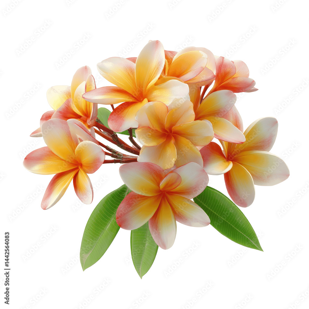 Naklejka premium Vibrant Bouquet of Plumeria Flowers with Lush Green Leaves