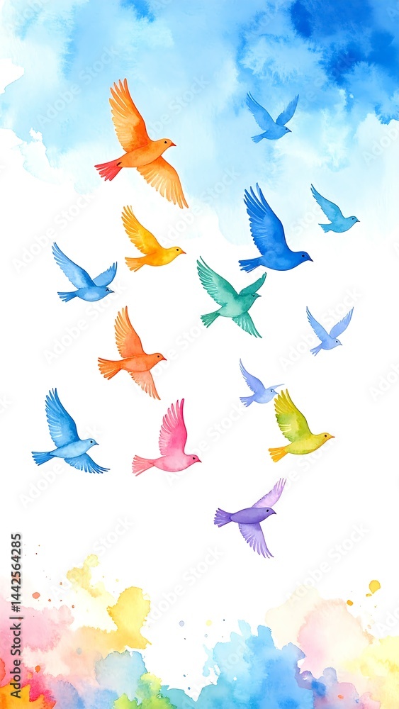 Fototapeta premium Vibrant watercolor birds gliding in a bright clear sky embracing freedom and dreams