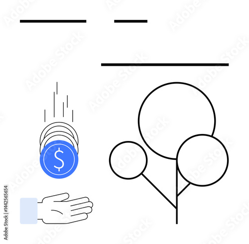 Hand catching coins symbolizing investment and savings with minimal abstract tree design evoking growth, sustainability, and stability. Ideal for finance, investment, saving, growth, sustainability