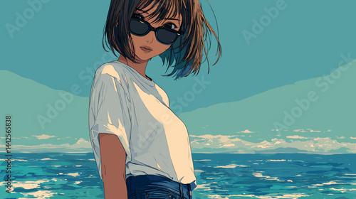 海辺に佇むサングラスのアニメ風少女
