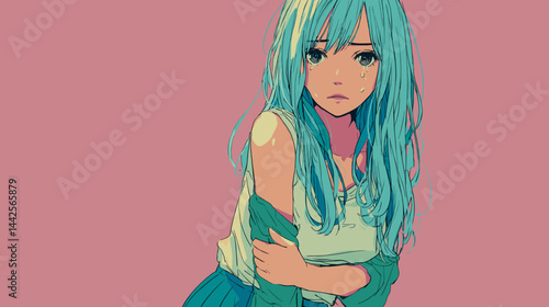 切なげな表情の青髪のアニメ少女