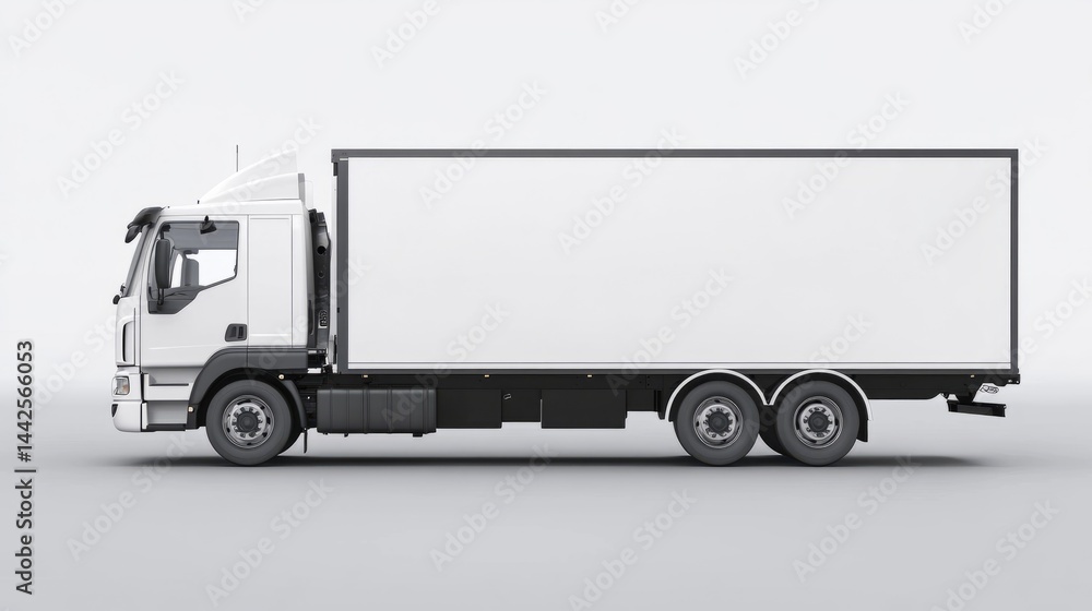 White delivery truck in motion with clear cargo side view, ideal blank canvas for commercial ad design and branding White delivery truck in motion with clear cargo side view, ideal blank canvas for commercial ad design and branding
