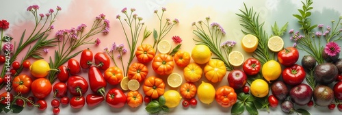 Vibrant display of fresh vegetables and fruits with flowers in gradient background