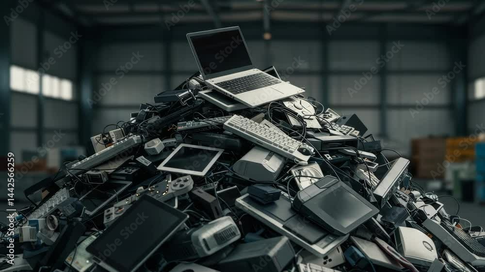 Pile of E-waste in Warehouse - A large pile of discarded electronic devices and components sits in a warehouse. The heap includes laptops, keyboards, tablets, and various other tech items Pile of E-waste in Warehouse - A large pile of discarded electronic devices and components sits in a warehouse. The heap includes laptops, keyboards, tablets, and various other tech items