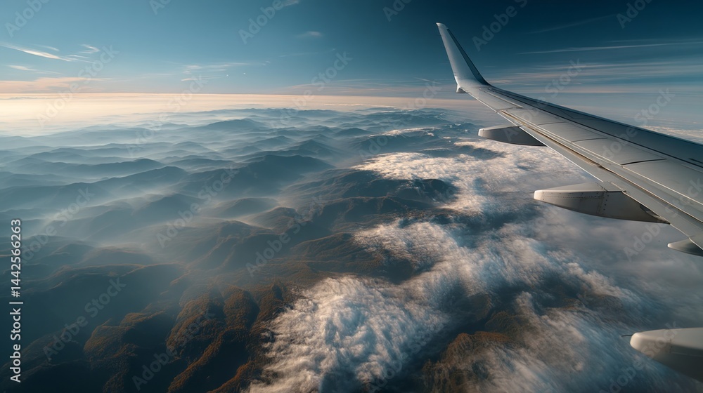 High above the earth, a breathtaking panorama unfolds as sunlight kisses the peaks of distant mountains, illuminating a sea of soft clouds swirling below