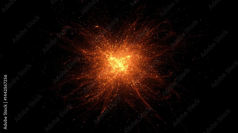 Abstract glowing fire spark explosion particle isolated on black backg Abstract glowing fire spark explosion particle isolated on black backg