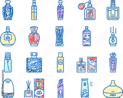 fragrance bottle perfume cosmetic icons hand drawn