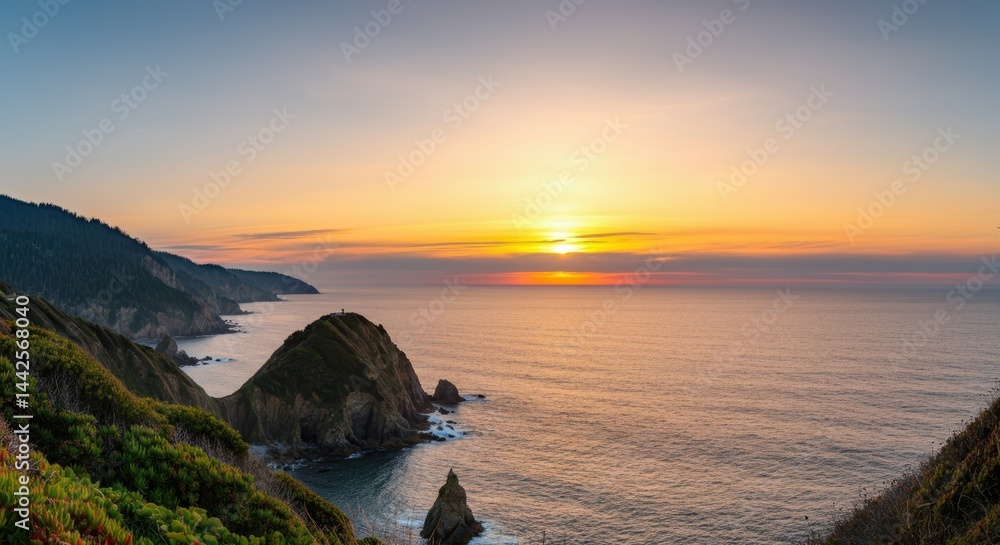 Breathtaking ocean sunset view over rugged coastline with majestic cliffs and serene horizon Breathtaking ocean sunset view over rugged coastline with majestic cliffs and serene horizon