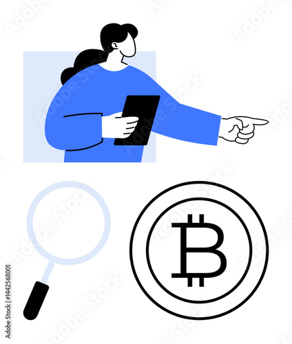 Woman holding tablet while pointing forward, bitcoin coin and magnifying glass symbolizing cryptocurrency exploration and research. Ideal for finance, technology, investment, blockchain, crypto