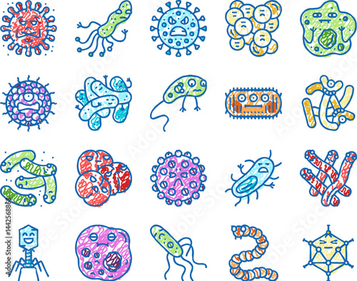 bacteria virus bacterium cell icons hand drawn
