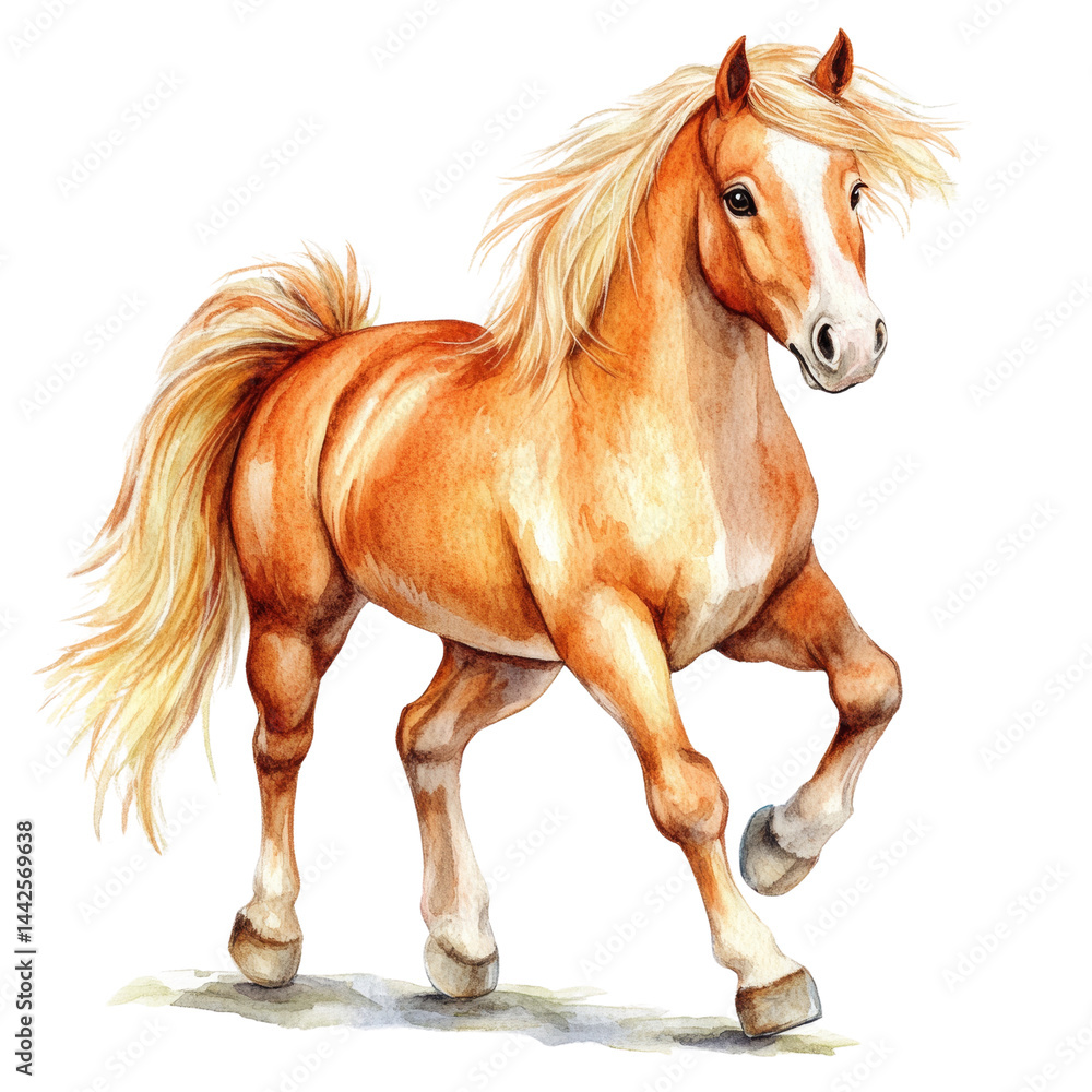 Obraz premium Graceful chestnut horse illustration with flowing mane, artistic watercolor style depiction on transparent field
