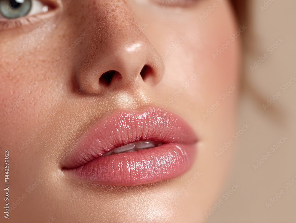 Obraz premium An eye-catching stock photo of closeup of womanÃ¢Â€Â™s glossy pink lips beauty portrait, ideal for creative, commercial, or editorial purposes.