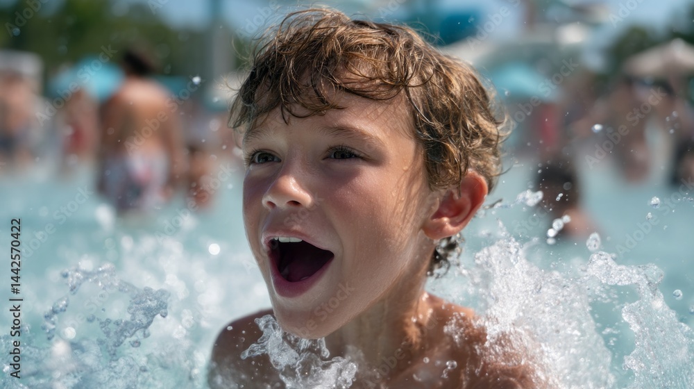A young boy delights in the cool waters of a lively pool, splashing playfully with vibrant energy. Sunlight sparkles on the surface, capturing the essence of summer fun