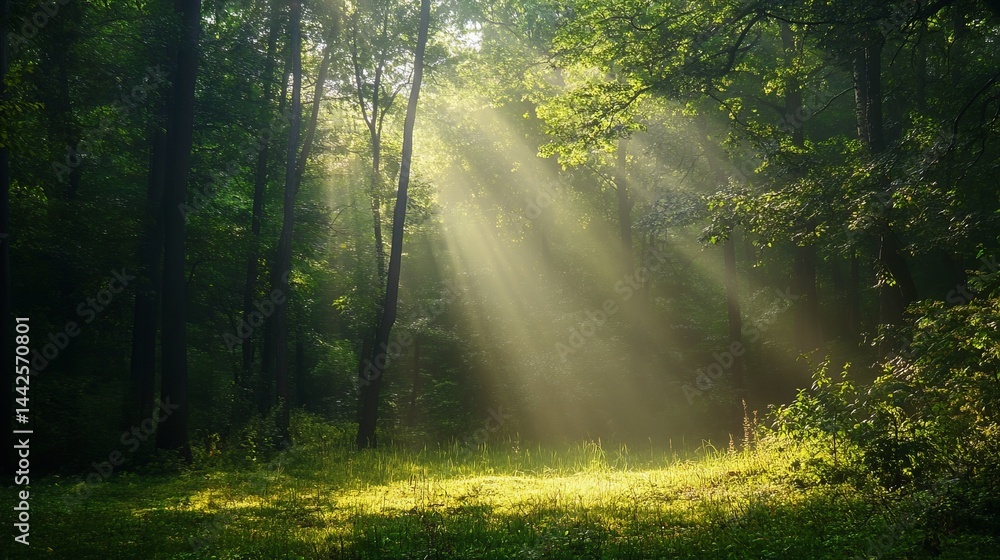 Fototapeta premium Sunbeams illuminate serene misty green forest landscape air calm leaf park trees light woods image