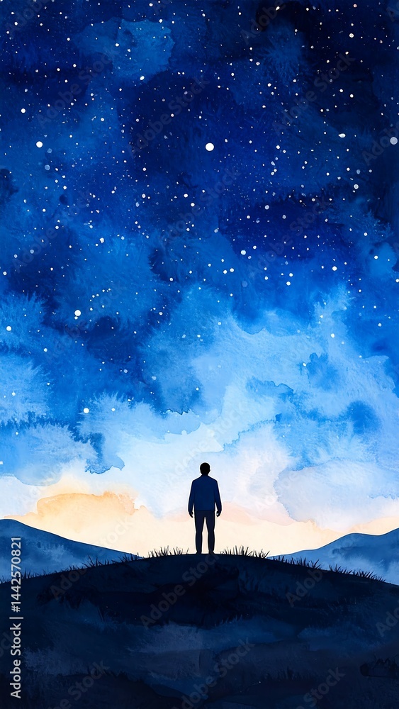 Fototapeta premium Dreamy Night Sky with a Lone Man in Watercolor Silence