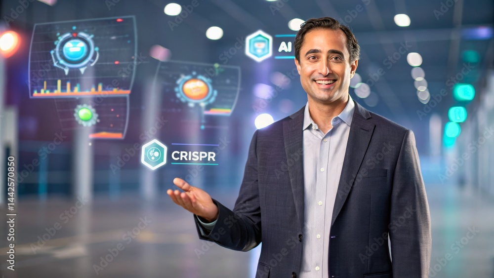 Businessman Presenting Innovative Technology in Modern Digital Environment with Data Visualizations Businessman Presenting Innovative Technology in Modern Digital Environment with Data Visualizations