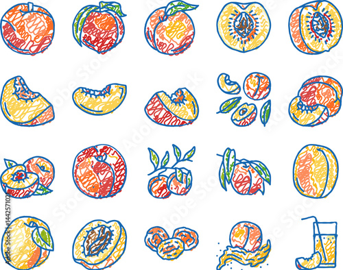 peach fruit nectarine juicy icons hand drawn