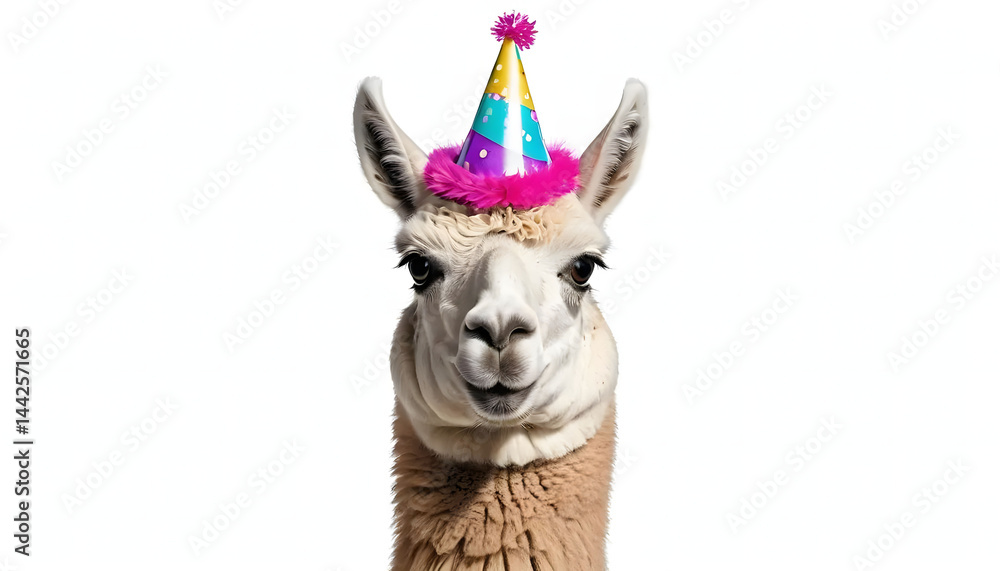 Obraz premium Cute Llama Wearing Party Hat – Fun Animal Celebration on White Background