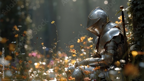 Armor knight rests in flower field