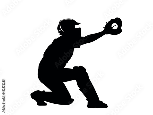 black and white silhouette of a baseball catcher in a crouched stance, preparing to catch a ball. baseball, catcher, baseball player, sports, athlete.