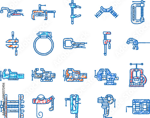 clamp vice grip tool metal icons hand drawn