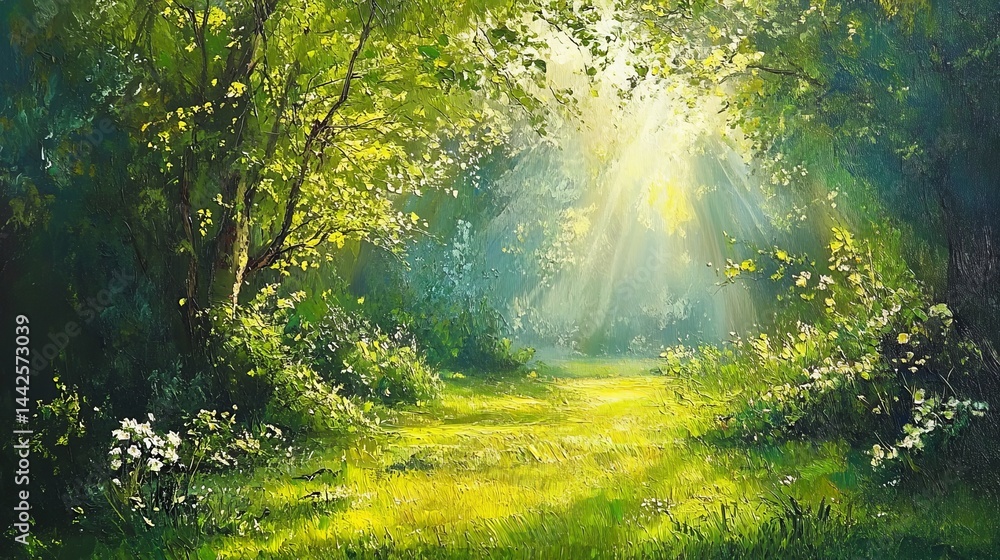 Fototapeta premium Sunlit green forest path peaceful summer nature scene tranquil lush greenery sunlight rays bright