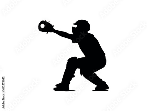 Baseball Catcher in Action Silhouette, A dynamic, black and white silhouette of a baseball catcher in a crouched stance, preparing to catch a ball. baseball, catcher, baseball player, sports, athlete.