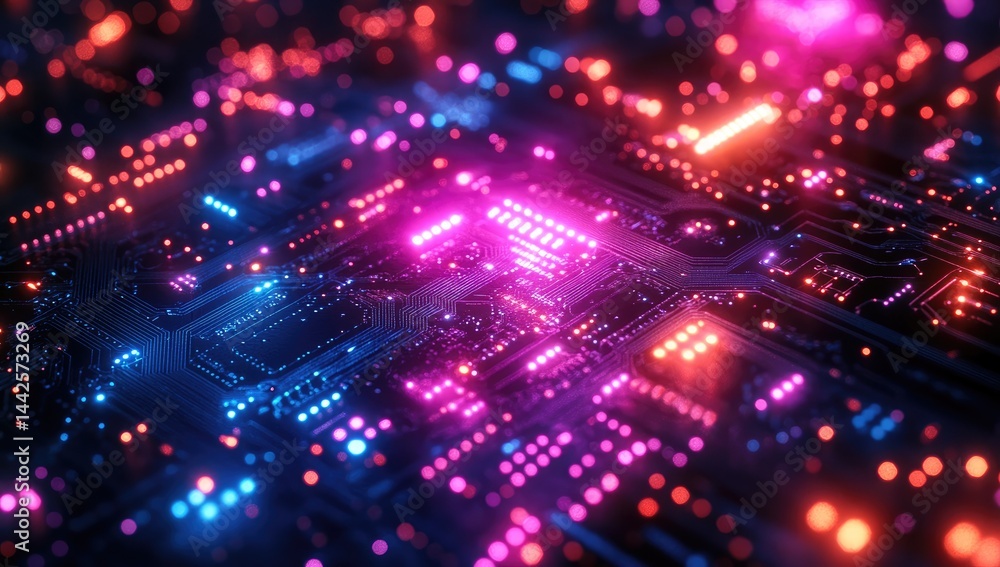 Abstract digital circuit board with glowing neon lights. Abstract digital circuit board with glowing neon lights.