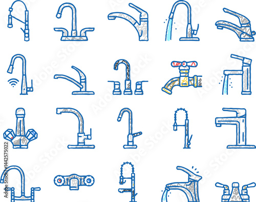 faucet water sink tap bathroom icons hand drawn