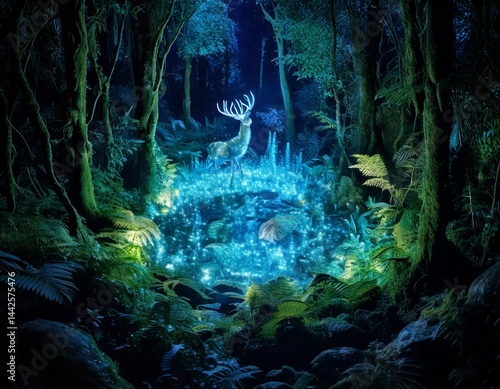 Enchanted Forest Clearing with Glowing Deer