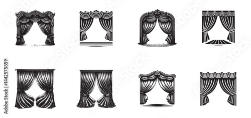 theater Curtain and drape illustration set, black and white vector decor
