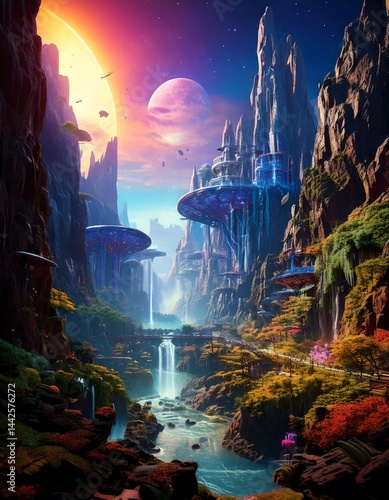 Futuristic Valley: Sci-Fi Landscape with Floating Structures