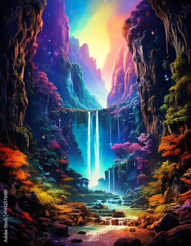 Ethereal Waterfall in a Vibrant, Fantasy Landscape