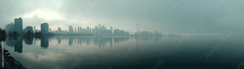 Fototapeta premium Raindrop on a window capturing landscape, water, and city mood concept. A serene urban skyline reflected in calm misty waters at dawn.