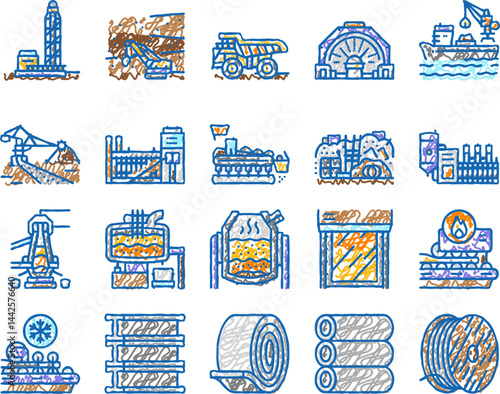 steel production industry metal icons hand drawn