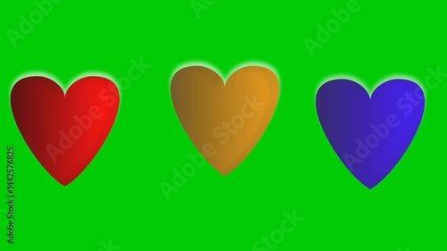 Colorful hearts animation green screen, red heart green screen, yellow love green screen, blue love green screen, animation love green screen with 3 colours free
