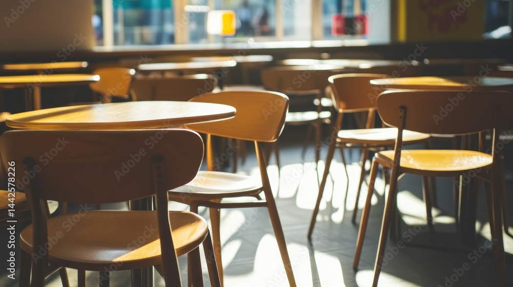 Wooden Chairs and Tables Are Inside a Bright Sunny Cafe Wooden Chairs and Tables Are Inside a Bright Sunny Cafe