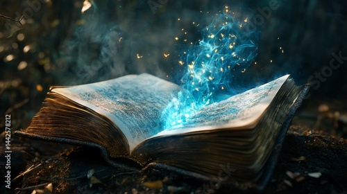 Mystical Tome: An Open Book Emitting Magic Light in the Forest