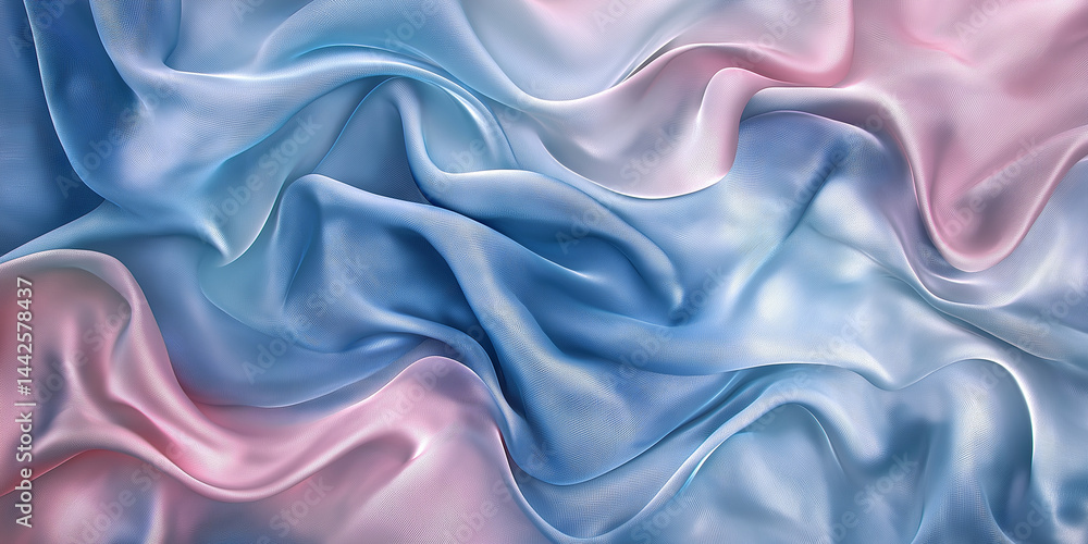 Fototapeta premium Glossy pastel fabric waves in soft pink and blue tones with smooth folds and elegant flowing texture