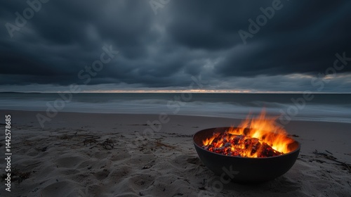 Beach cauldron with intense fire, wind-blown smoke flowing sideways under darkening skies