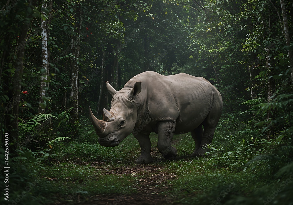Obraz premium A solitary Javan rhinoceros, with its distinctive single horn, walks along a path through the dense, green rainforest of Indonesia. A rare and endangered species in its natural habitat