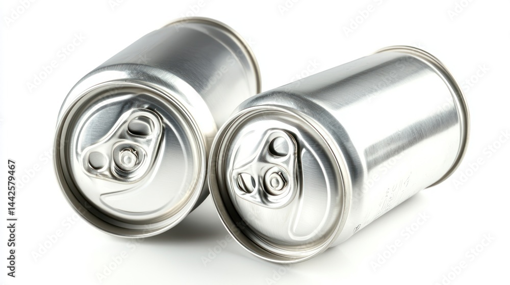 Set of three silver aluminum cans, one can tilted, on a white background. Set of three silver aluminum cans, one can tilted, on a white background.