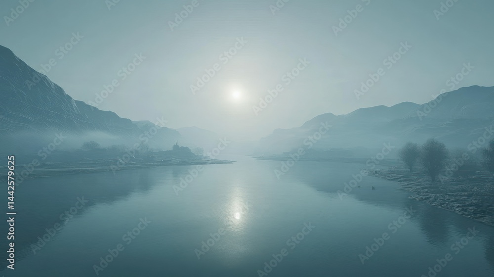 Fototapeta premium A serene landscape depicts water surrounding distant hazy mountains and sun
