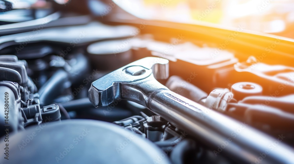 A shiny wrench rests in the engine compartment of a car A shiny wrench rests in the engine compartment of a car