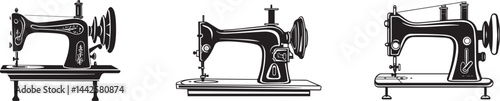 Vintage sewing machine illustration set, black and white vector illustration